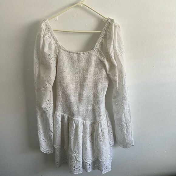 LoveShackFancy White Long Sleeve Eyelet Lace Mini Dress Size XL Fairy Peasant